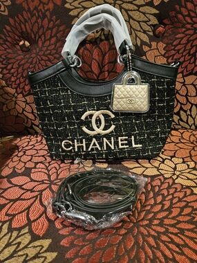 Black Tweed Tote with Gold Logo Charm 1 Left